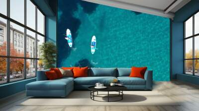 Aerial drone bird's eye view of 2 men exercising sup board in turquoise tropical clear waters Wall mural