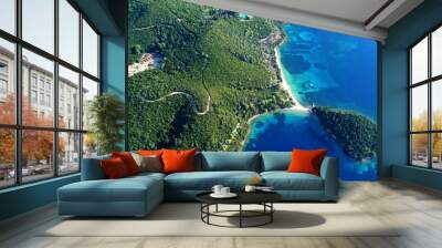 Aerial drone bird's eye view panoramic photo of iconic island of Skorpios that was owned by Aristotle Onasis and port of Nidri at the background, Lefkada island, Ionian, Greece Wall mural