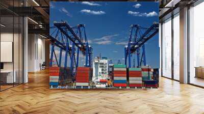 Aerial drone closeup photo of colourful container seaside Mediterranean port and logistics terminal in crane area while loading-unloading to anchored container tanker ship Wall mural