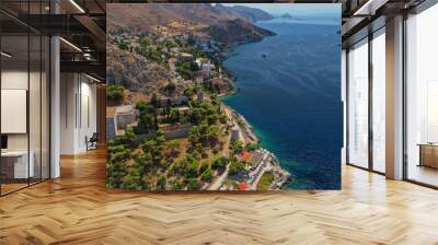 Aerial drone panoramic photo of picturesque port and main village of Hydra or Ydra island with beautiful neoclassic houses, Saronic gulf, Greece Wall mural