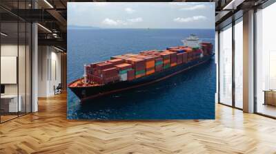 Aerial drone panoramic ultra wide photo of industrial container tanker ship cruising in open ocean deep blue sea Wall mural