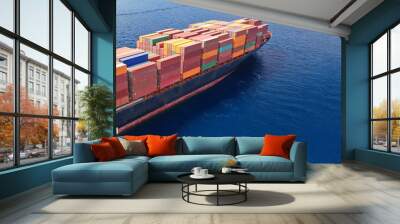 Aerial drone panoramic ultra wide photo of industrial container tanker ship cruising in open ocean deep blue sea Wall mural