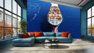 Aerial drone panoramic ultra wide photo of view of ship's bow from industrial container tanker cruising in open ocean deep blue sea Wall mural