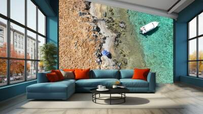 Aerial drone paradise secluded bay in tropical exotic rocky island with crystal clear emerald sea Wall mural