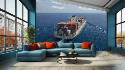 Aerial drone photo of huge container tanker ship carrying truck size colourful containers in deep blue open ocean sea Wall mural