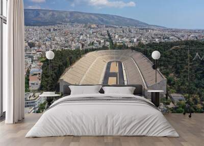 Aerial drone photo of iconic ancient Panathenaic stadium or Kalimarmaro birthplace of the original Olympic games, Athens historic centre, Attica, Greece Wall mural