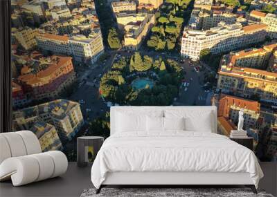 Aerial drone photo of iconic Piazza Mazzini or Mazzini square in the centre of Prati with beautiful Roman building architecture and small fountain, Rome, Italy Wall mural