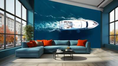 Aerial drone photo of luxury yacht cruise in mediterranean deep blue sea Wall mural