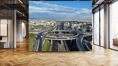 Aerial drone photo of multilevel highway junction urban ring crossing road during rush hour Wall mural