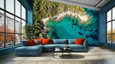 Aerial drone photo of tropical Caribbean bay with white sand beach and beautiful turquoise and sapphire clear sea Wall mural