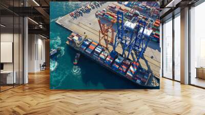 Aerial drone top down photo of industrial cargo container tanker ship carrier docked in commercial port terminal Wall mural