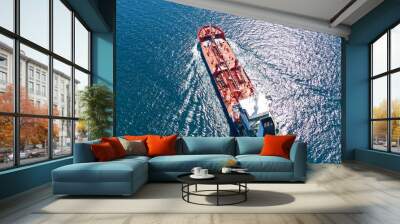 Aerial drone ultra wide panoramic photo of industrial fuel and petrochemical tanker cruising open ocean deep blue sea Wall mural