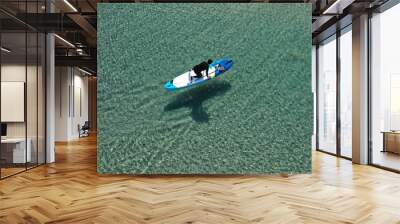 Aerial drone ultra wide photo of fit man on SUP or Stand Up Paddle board in tropical exotic emerald calm sea bay Wall mural