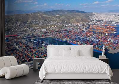 Aerial photo of industrial cargo container loading terminal located in mediterranean port Wall mural