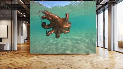 Underwater photo of octopus in tropical turquoise sandy bay with turquoise clear sea Wall mural