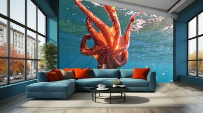 Underwater split photo of octopus swimming in tropical exotic rocky seascape with emerald clear sea Wall mural