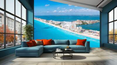 Aerial view of Punta Norte beach, Cancun, Mexico. Beautiful beach area with luxury hotels near the Caribbean sea in Cancun, Mexico. Wall mural