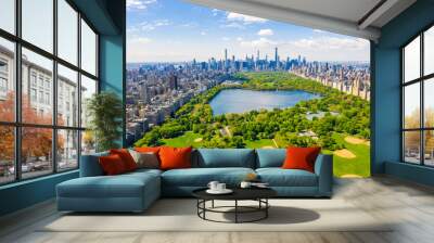 Aerial view of the Central park in New York with golf fields and tall skyscrapers surrounding the park. Wall mural