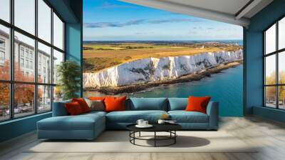 aerial view of the white cliffs of dover. close up view of the cliffs from the sea side. england, ea Wall mural