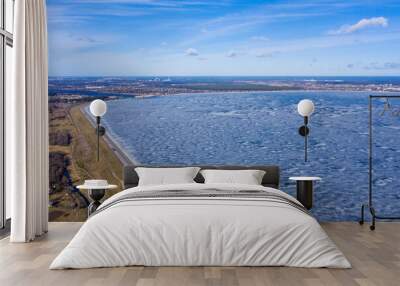 Aerial winter view of the huge dam in Latvia near city of Salaspils and Riga. Wall mural