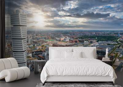 Beautiful aerial panoramic view of the Malmo city in Sweden. Turning Torso skyscraper in Malmo, Sweden. Wall mural