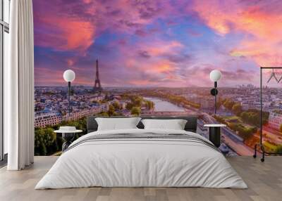 Beautiful aerial pink sunset over Paris, France. Magical aerial view of Paris. Wall mural