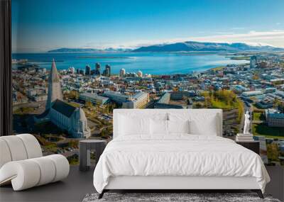 Beautiful aerial view of Reykjavik, Iceland on a sunny summer day. Panoramic view of Reykjavik Wall mural