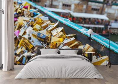 Beautiful love locks in Paris on the brodge by the Notre Dame. Wall mural