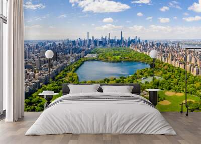 Central Park aerial view, Manhattan, New York. Park is surrounded by skyscraper. Beautiful view of the Jacqueline Kennedy Onassis Reservoir in the center of the park. Wall mural