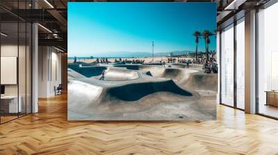 June 10, 2018. Los Angeles, USA. Venice beach skate park by the ocean. People skating at the skatepark showing different tricks.  Wall mural