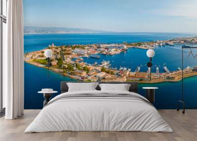 Messina, Sicily, Italy, August 20, 2022. View of the Messina's port with the gold Madonna della Lettera statue Wall mural