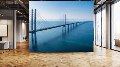 Panoramic aerial view of the Oresundsbron bridge between Denmark and Sweden.. Oresund Bridge view at sunset. Wall mural