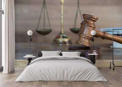 Law and justice concept image. Brown wooden background Wall mural