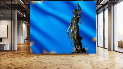 Law and Justice concept. UE flag background, place for typography. Courtroom Europe theme. Wall mural