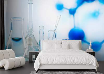 Science laboratory research and development concept. microscope with test tubes Wall mural