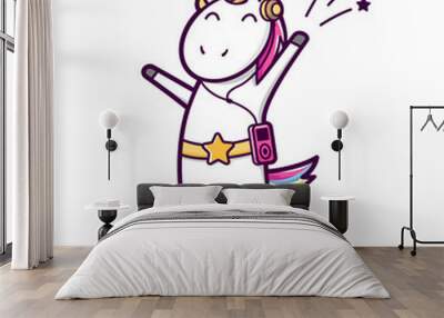 Cute unicorn dancing like a star. Comic character and text Born To Dance isolated on white background. Vector cartoon style illustration for kids t shirt design Wall mural