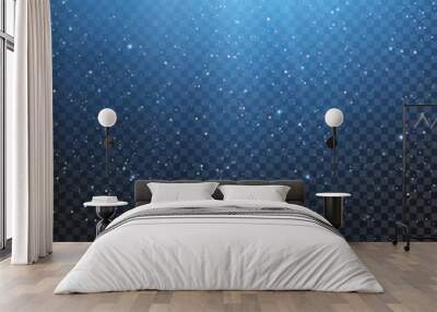 Light effect overlay with falling snow, rays and sparkles with blue glow on transparent background. Vector Christmas background Wall mural