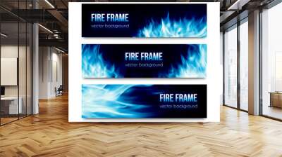 Set of black horizontal vector banners with realistic transparent bright blue fire flames isolated on white background. Abstract website header illustration or flyer templates Wall mural