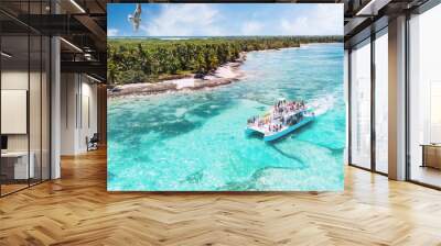 aerial view of a boat on excursion from la romana to saona via punta cana heading along beautiful ca Wall mural