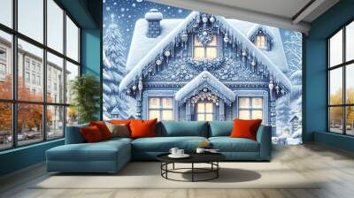 A Christmas card. A cozy winter house surrounded by snow and decorated with garlands. It says “Merry Christmas!” in an elegant font. Wall mural