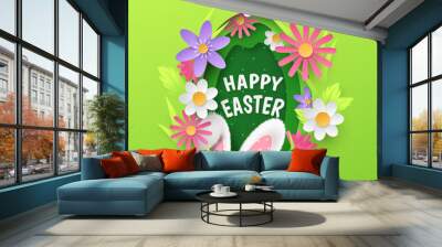 Cute holiday banner with vector layered paper cutout egg, realistic 3D fur ears of bunny, spring flowers, grass on green background. Cartoon festive template with text Happy Easter for greeting card. Wall mural