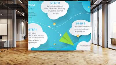 Travel scene with green paper airplanes flying among clouds and stars. Vector layout in paper cut style with 3d origami aircraft for design of flyers, banners, leaflets. Carving art on blue background Wall mural