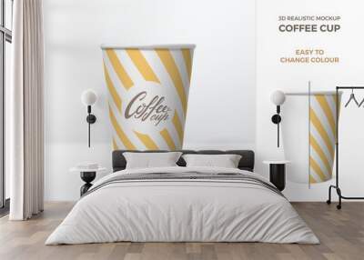 Vector 3d realistic mockup of white paper coffee cup with yellow striped pattern.  Template for drink packaging design. Easy to change colour. Isolated from background. Wall mural