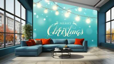 Vector horizontal banner with border of realistic light garlands, text “Merry Christmas” and snowfall. Festive marine blue background with shiny glowing bulbs, lettering and snow for design of flyers. Wall mural