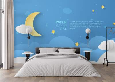 Vector night scene with realistic paper clouds, 3D moon and stars. Blue horizontal background in paper cut style for design of flyers and travel newsletters. Wall mural