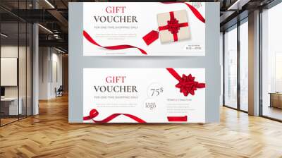 Vector set of elegant gift vouchers with red ribbons, bows and gift box. Template for holiday gift cards, coupons and certificates. Isolated from the background. Wall mural