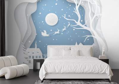 Vector winter night scene with fir trees, houses, moon, santa's sleigh, deers and snow in carving art style. Festive layered background with 3D realistic paper-cut of Christmas Village and snowfall. Wall mural