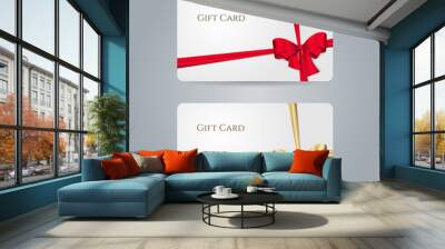 White gift card with red, golden bow and ribbons. Vector template for design invitation and credit or discount card. Isolated from a background. Wall mural