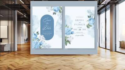 Watercolor wedding invitation template set with beautiful  blue floral and leaves decoration Wall mural