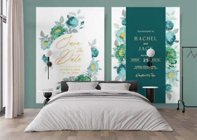 Watercolor wedding invitation template set with romantic green blue floral and leaves decoration Wall mural